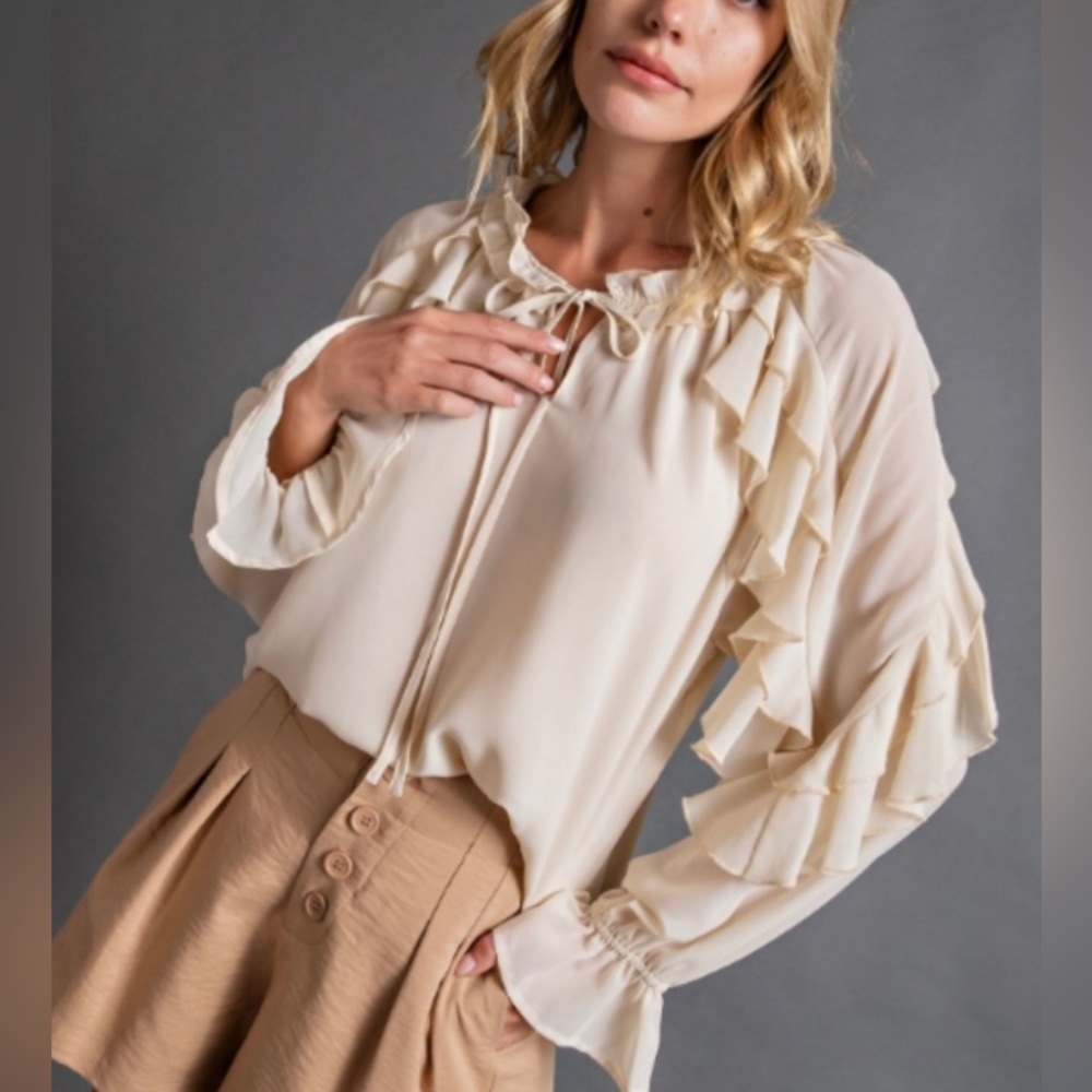 Easel Ruffle Long Sleeve Top. Color: Cream - Picture 1 of 5